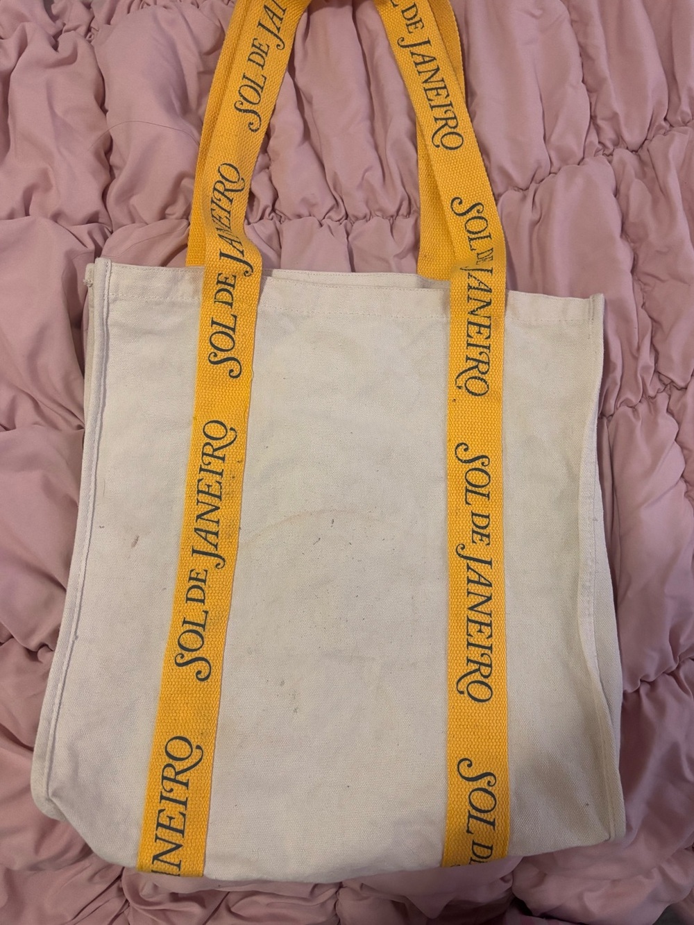 Sol de Janeiro Cream Canvas Tote with Yellow Branded Straps